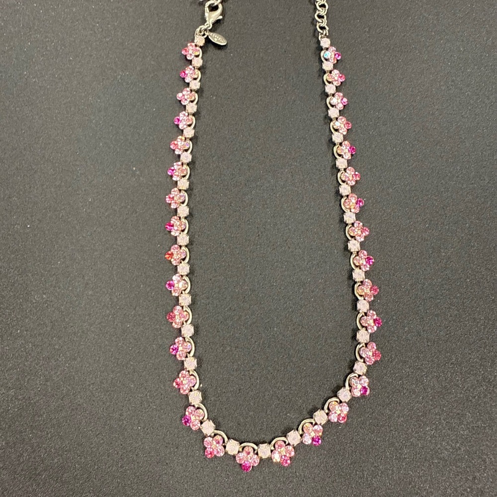 Sorrelli Pink Rhinestone Flower Necklace Silver Tone Floral Crystal Choker 18in